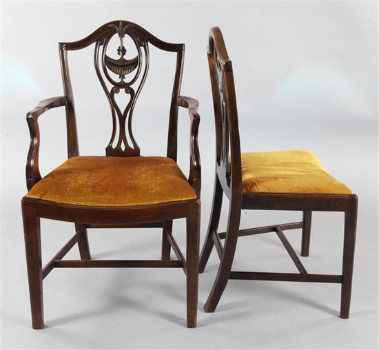 A set of eight George III Hepplewhite style mahogany dining chairs, Carvers H.3ft 3in.